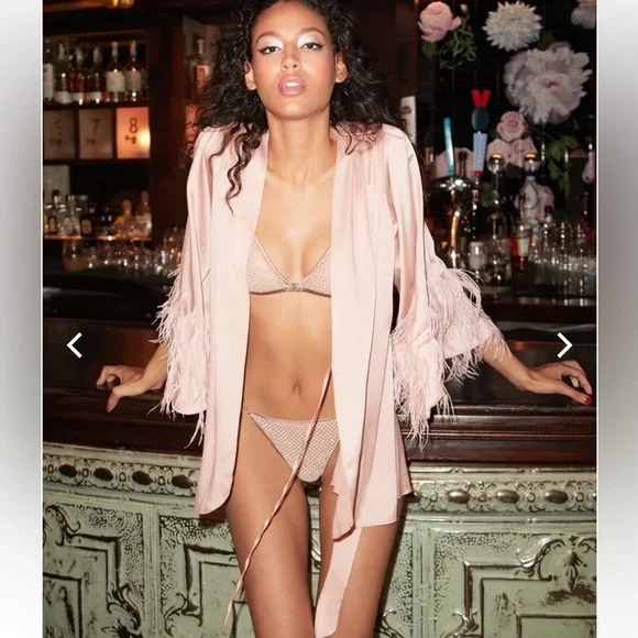 Fleur du Mal FEATHER EMBELLISHED ANGEL SLEEVE ROBE -M/L - Rose Pink NWT